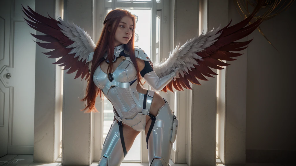 ((masterpiece, best quality, extremely detailed), volumetric lighting, ambient occlusion, colorful, glowing), 1girl, solo, young woman, (red hair), long hair, halo, aura, sacred, godness, cyber suit, android, bot, big angel wings, full body, feathers