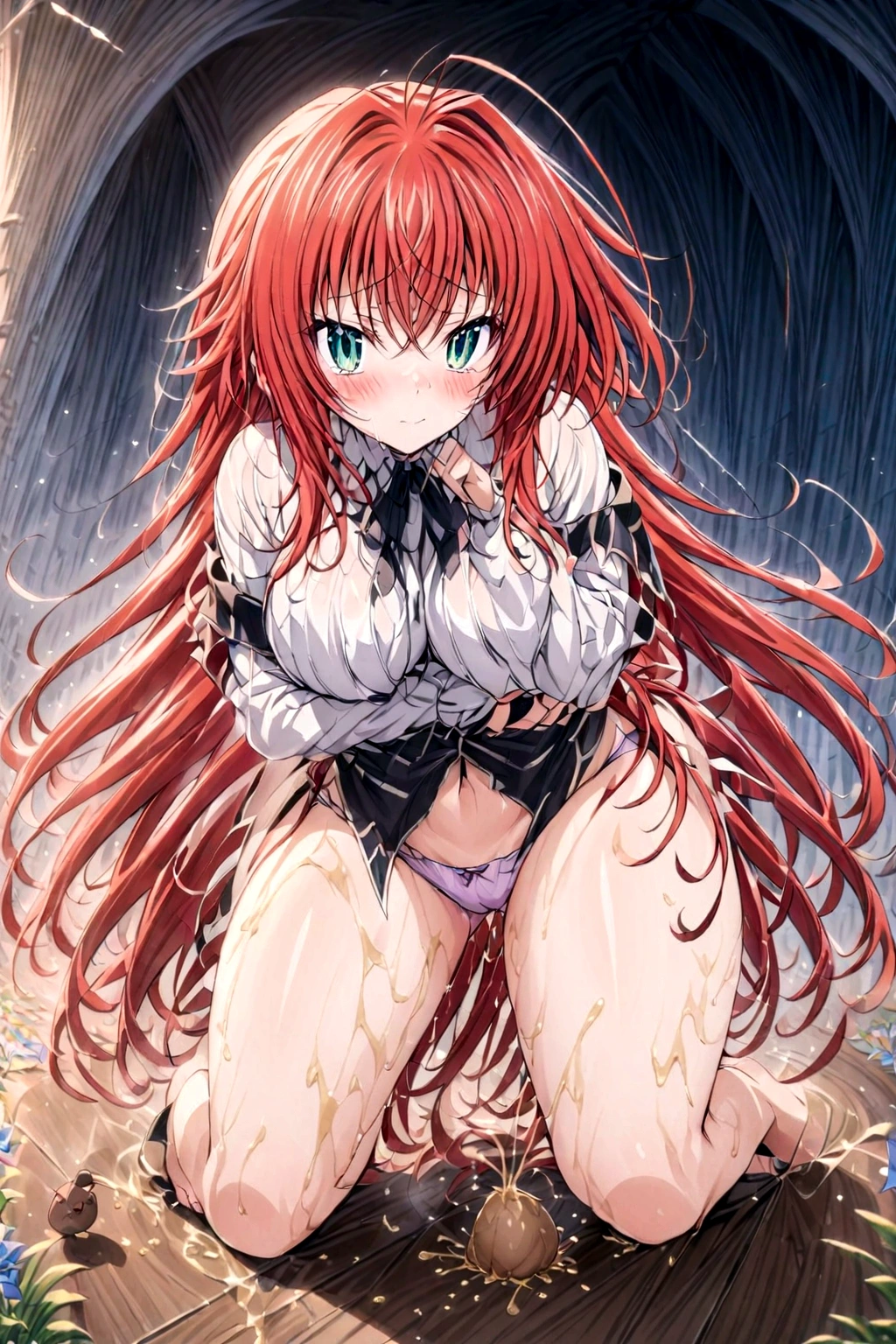 Antme. High School DxD. Rias Gremory.  from the anime Hight School DxD. Diarrhea. She farts. Wants to poop. I need to poop. A very strong, desperate urge to poop. Poop comes out of her butt and stains her panties. She poops in her panties. She poops on herself.  She poops standing up. She pooped while standing. She pooped in her panties.  She pooped under herself. She shit herself. The poop lies on the floor of the room, covered in liquid feces. Embarrassment. Blush. Pee. Standing. Knees together and feet apart. Abdominal pain. Hands on stomach. The panties are stained with diarrhea. Nose flows down my thighs. Cry. Tears in my eyes. Lean forward. Sigh. The girl can't stand straight. 8k Ultra detail. Better quality. A high resolution. Scat. Full height. Full body.