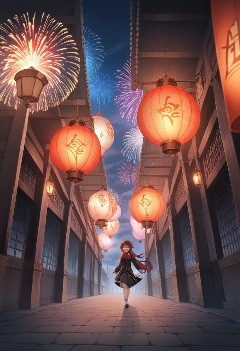 best quality, medieval, solo girl, 4k, high resolution , anime girl , young girl, 24 years old, bangs, long hair, cute face, perfect shot, perfect anatomy, detailed face, detailed eyes, chinese port at night background , chinese new year, fireworks, tall girl, 2 girls, realistic, 4k , masterpiece, best quality , ilustration, digital art, hu tao, genshin impact, full body, close up, first person view, walking, side view, standing