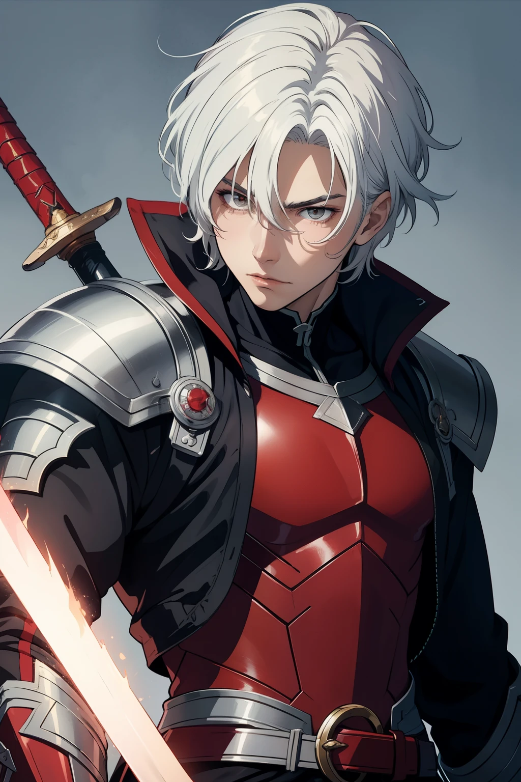 Anime character with white hair a red armor a red sword an anime villain is preparing his sword up and looking straight ahead extremely handsome and with shape and the hair is big and man