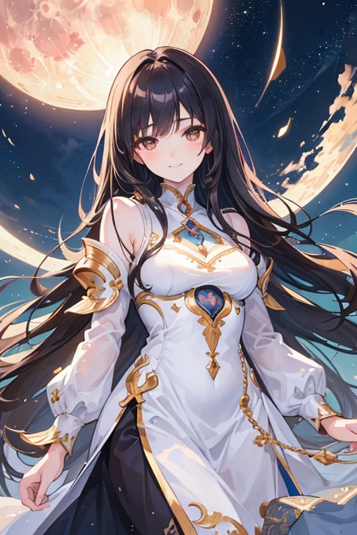 (Masterpiece), (Best Quality), (Super Detail), (long straightHair), (Illustration), (1 Girl), (moon Background), Beautiful Detailed brown Eyes, Delicate Beautiful Face, (High Saturation), (Shine), Black Hair, Bangs, dark brown eyes, shy, Full Smile, girl, maiden in love, top quality, super detailed, smile, beautiful face, 4K