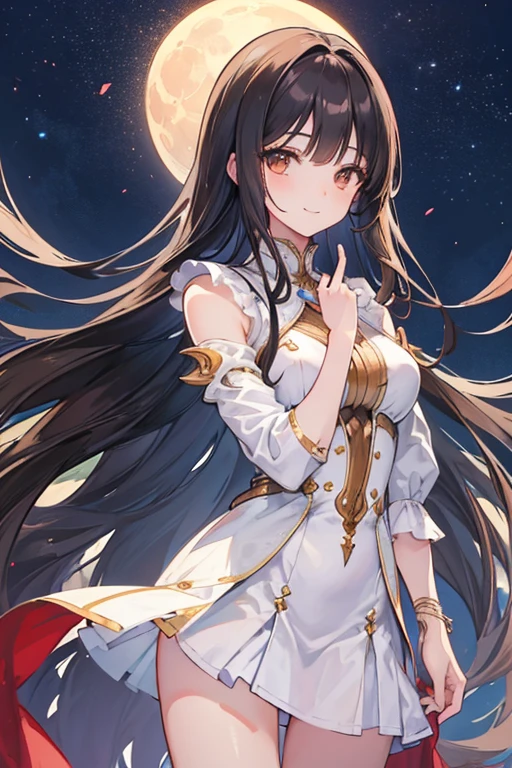(Masterpiece), (Best Quality), (Super Detail), (long straightHair), (Illustration), (1 Girl), (moon Background), Beautiful Detailed brown Eyes, Delicate Beautiful Face, (High Saturation), (Shine), Black Hair, Bangs, dark brown eyes, shy, Full Smile, girl, maiden in love, top quality, super detailed, smile, beautiful face, 4K