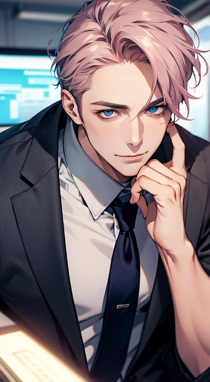 (best quality,4k,8k,highres,masterpiece:1.2),ultra-detailed,(realistic,photorealistic,photo-realistic:1.37),1 man,31 years old,mature man,very handsome,without expression,smile,short grey pink hair,blue eyes,penetrating gaze,perfect face without errors,imposing posture,businessman,office background,cinematic lighting,hdr image