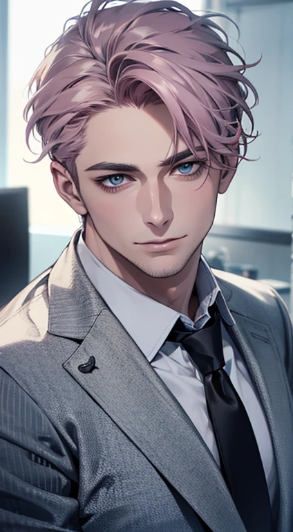 (best quality,4k,8k,highres,masterpiece:1.2),ultra-detailed,(realistic,photorealistic,photo-realistic:1.37),1 man,31 years old,mature man,very handsome,without expression,smile,short grey pink hair,blue eyes,penetrating gaze,perfect face without errors,imposing posture,businessman,office background,cinematic lighting,hdr image