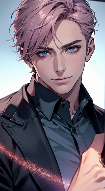 (best quality,4k,8k,highres,masterpiece:1.2),ultra-detailed,(realistic,photorealistic,photo-realistic:1.37),1 man,31 years old,mature man,very handsome,without expression,smile,short grey pink hair,blue eyes,penetrating gaze,perfect face without errors,imposing posture,businessman,office background,cinematic lighting,hdr image