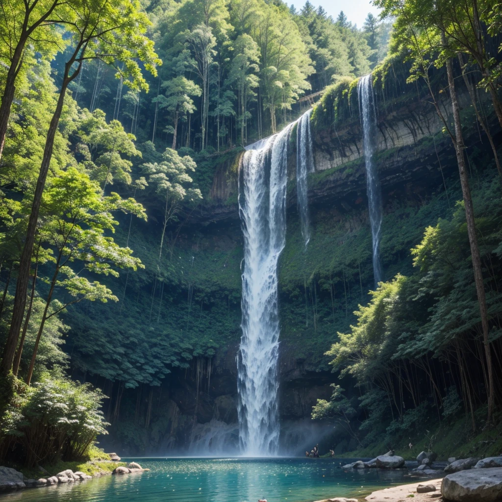 A lush forest with tall, dense trees, a majestic waterfall falling into a crystal clear lake, and colorful birds flying gracefully through the blue sky I want a patera drinking water and an eagle flying overhead 