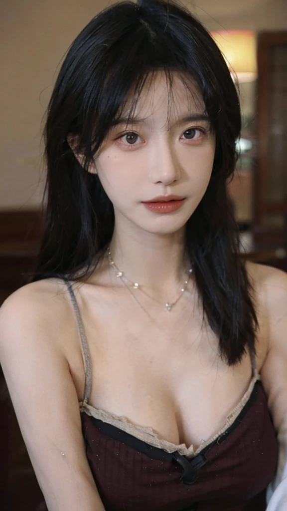 Film portrait photography, 1 girl, bare shoulders,lipstick,(flat chest:1.4), wear necklace,Big breasts,Cute expression,Exquisite makeup,Red suspenders,serene, calm, (Realistic and detailed eyes, natural skin texture, Realistic facial details), Soft dramatic lighting, depth of field, Bokeh, Vibrant details, Detailed and detailed, surreal, 35mm film, hazy, ,