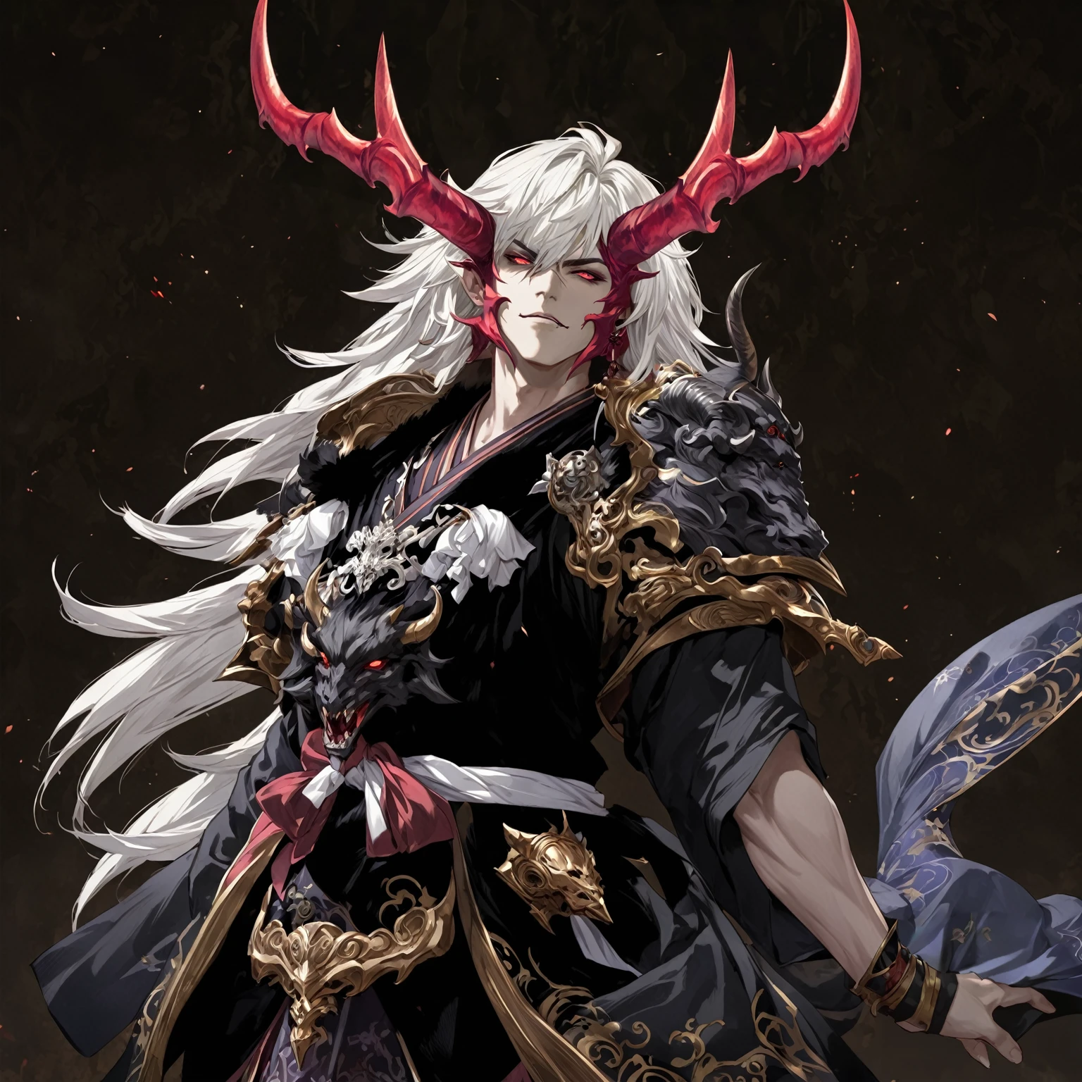 masterpiece, best quality, Fantasy aesthetics, Highly detailed, shadowverse style, male, japanese style, demonic horn, demonic