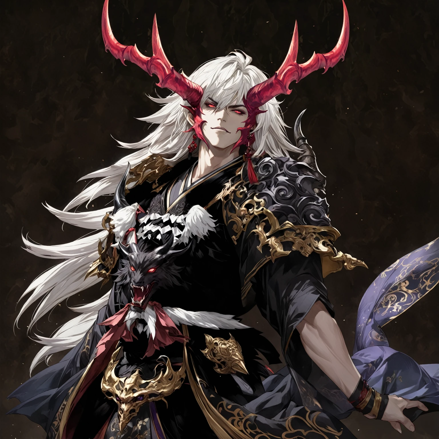 masterpiece, best quality, Fantasy aesthetics, Highly detailed, shadowverse style, male, japanese style, demonic horn, demonic
