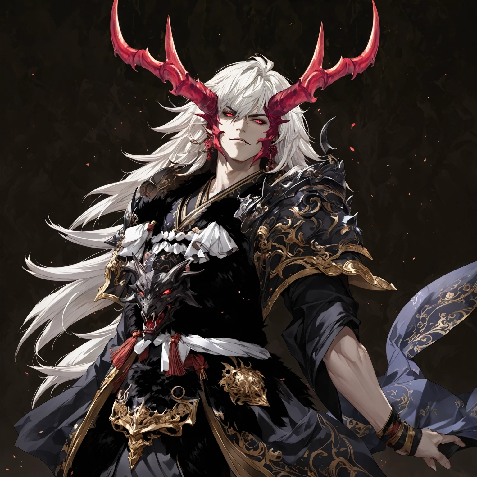 masterpiece, best quality, Fantasy aesthetics, Highly detailed, shadowverse style, male, japanese style, demonic horn, demonic
