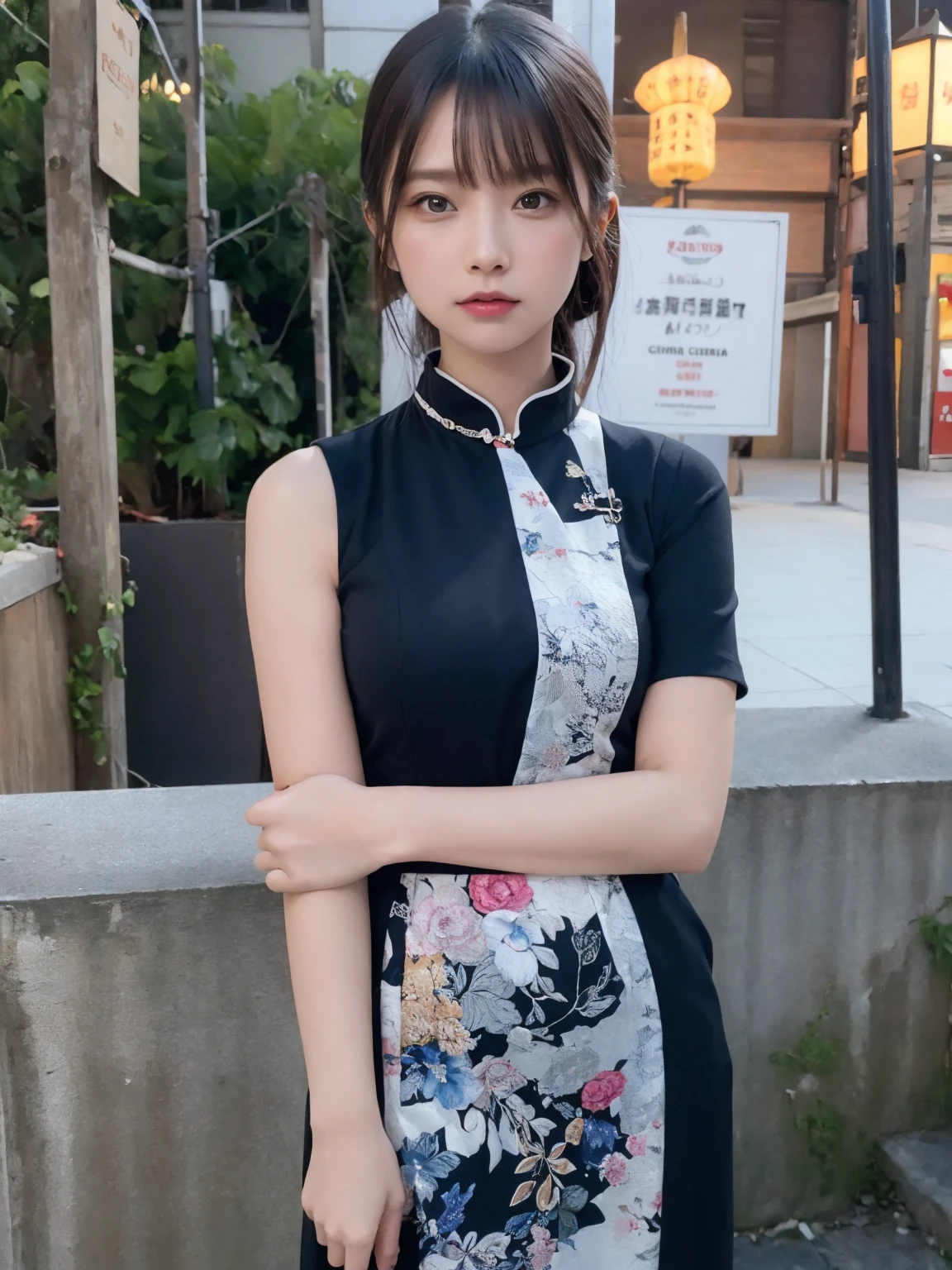 (Highest quality:1.4),(masterpiece:1.4),(Realistic:1.4),(Realistic:1.2),(超High resolution, RAW Photos:1.4),(High resolution, Super detailed:1.2),(8K:1.2),Movie Photos,a photo of a dark-haired,One Girl,alone,wear ,((China dress))、((Upper Body:1.3))