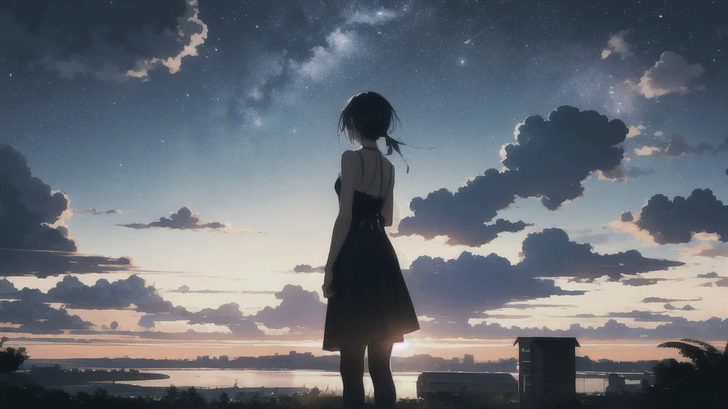 真っ暗なnight空,cafe,Octane, star (null), scenery, Blue parakeet,The acoustic guitar is in front of the body.,star, night, A girl and a boy standing back to back, Back view, alone, Outdoor, city,river,Blue parakeet,building, cloud, 天のriver,silhouette