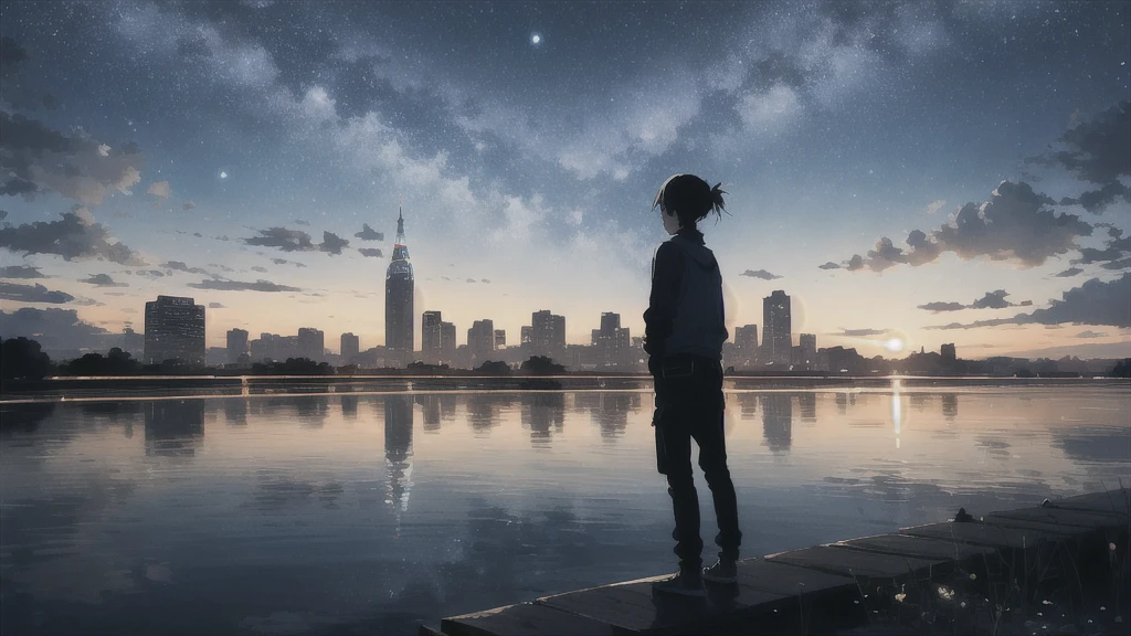 真っ暗なnight空,cafe,Octane, star (null), scenery, Blue parakeet,The acoustic guitar is in front of the body.,star, night, A girl and a boy standing back to back, Back view, alone, Outdoor, city,river,Blue parakeet,building, cloud, 天のriver,silhouette