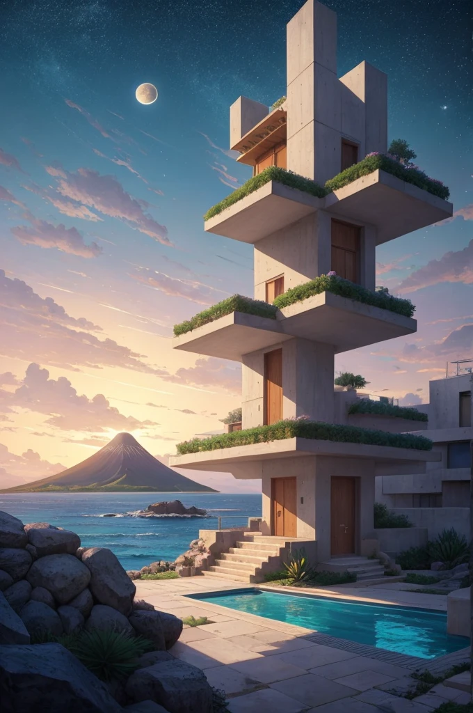 anime (best-quality:0.8), (best-quality:0.8), perfect anime illustration, we've been trying to reach you about your cars extended warranty, An illustration in collage style, with giant boulders, brutalist building sections, terraces, stairs, cacti, agave, concrete texture, multiple geometric shapes, hatch and cross hatching, planet saturn, volcano, moon, Luis Barragán's architectural style build, milky way galaxy, violet, one motorcycle, An illustration in collage style, with giant boulders, brutalist building sections, stairs, cacti, agave, concrete texture, multiple geometric shapes, hatch and cross hatching, planet saturn, volcano, moon, Luis Barragán's architectural style build, reflective pool, terraces. An elegant and modern build, in top of big boulders, with terraces, materials concrete, wood, steel and crystal, various gardens with tropical vegetation, cacti and rocks, stairs, a pool. In middle of sea, a big wave near, sunset, mountains and a volcano in the horizont, cute islands around, illustration format, cute color palette, detailed, masterpiece, award-winning work A 1999 Nissan GTR in Tron form r34 horizonte Lamborghini under a pink and purple sky, an anime drawing by Makoto Shinkai, trending on pixiv, magical realism, beautiful anime scene, cosmic skies. by makoto shinkai, ( ( makoto shinkai ) ), by makoto shinkai, anime background art, style of makoto shinkai