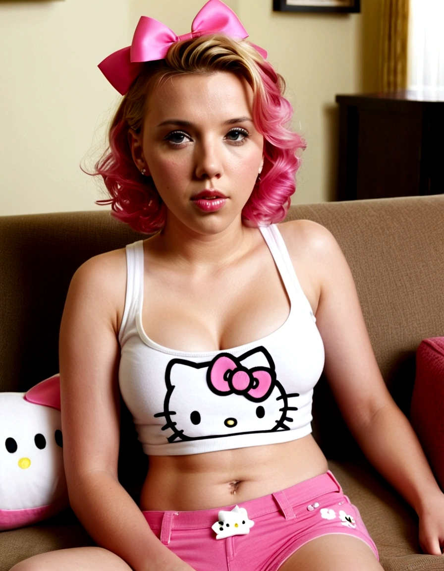 A cute woman (Scarlett Johansson (age 25), pink micro shorts (belly button exposed, labia well defined), micro pink 'Hello Kitty' tank top (under boob), pink bows in hair) has come over to babysit, book bag, cell phone, living room, bored look chewing bubble gum
