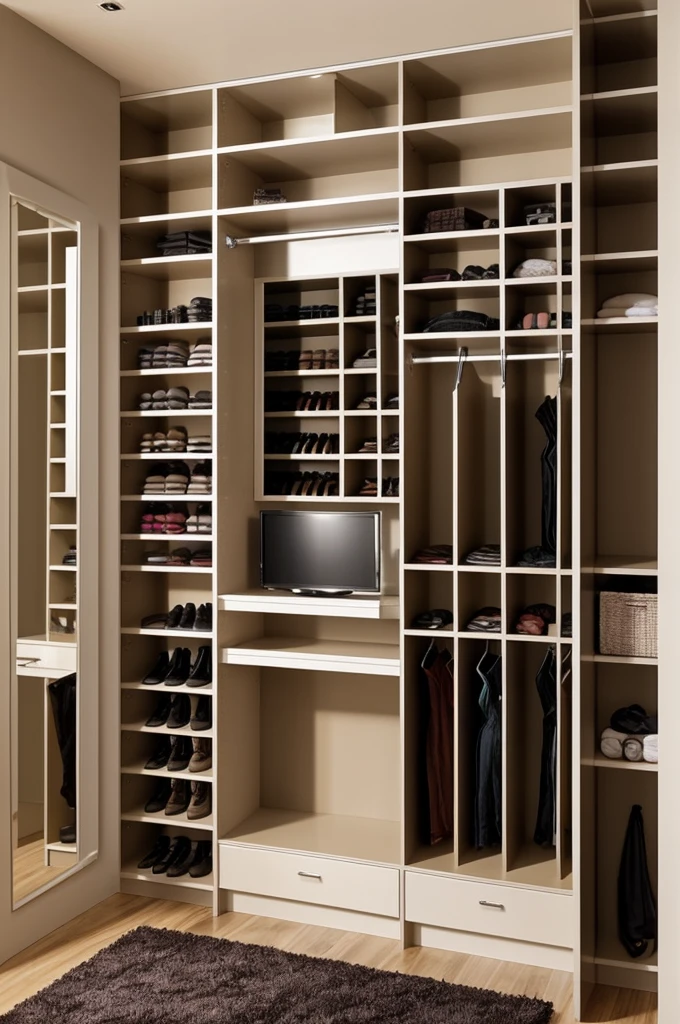 A built-in closet where you can store caps, shoes, Clothes, pants, glasses with a mirror where it can be used to apply makeup