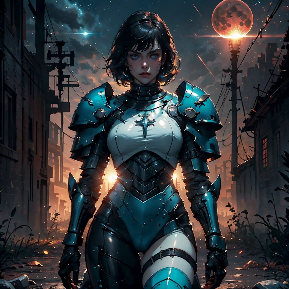 1girl, (solo), short curly hair, golden hair, small breasts, light blue eyes, small size, fair skin, serious face, (fangs), (Light blue armor plate), full body, kneeling, (night), blood moon, medieval town, forest behind, (very sexy body, detailed face, masterpiece, highly detailed, 8k, best quality, vibrant colors, digital art, concept art).
