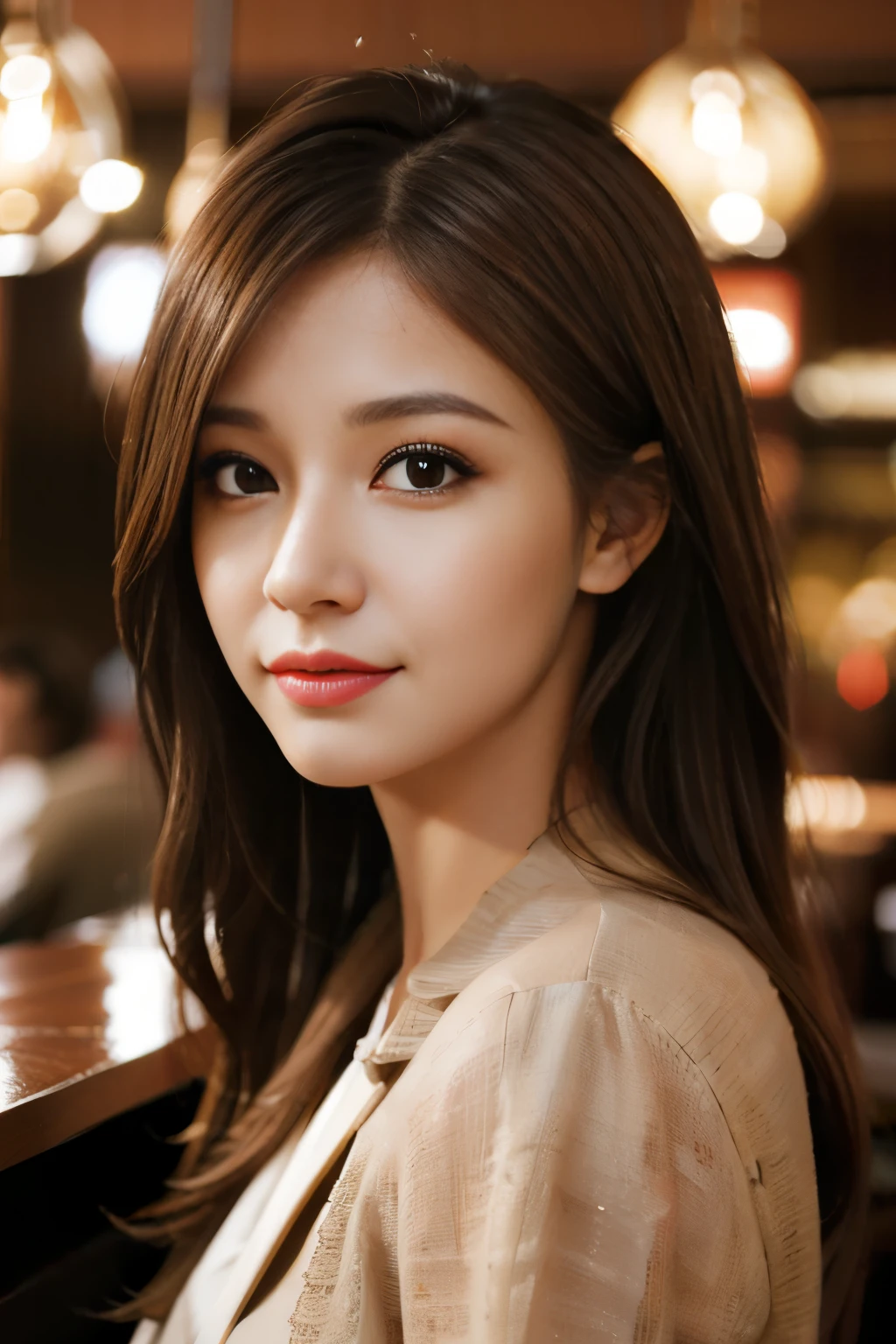 masterpiece, best quality, realistic, very detailed, finer details, high resolution, 8K wallpapers, one beautiful woman, Please wear casual business attire., In a great restaurant, At night, light brown messy hair, Complete dynamic configuration, beautiful beautiful eyes
