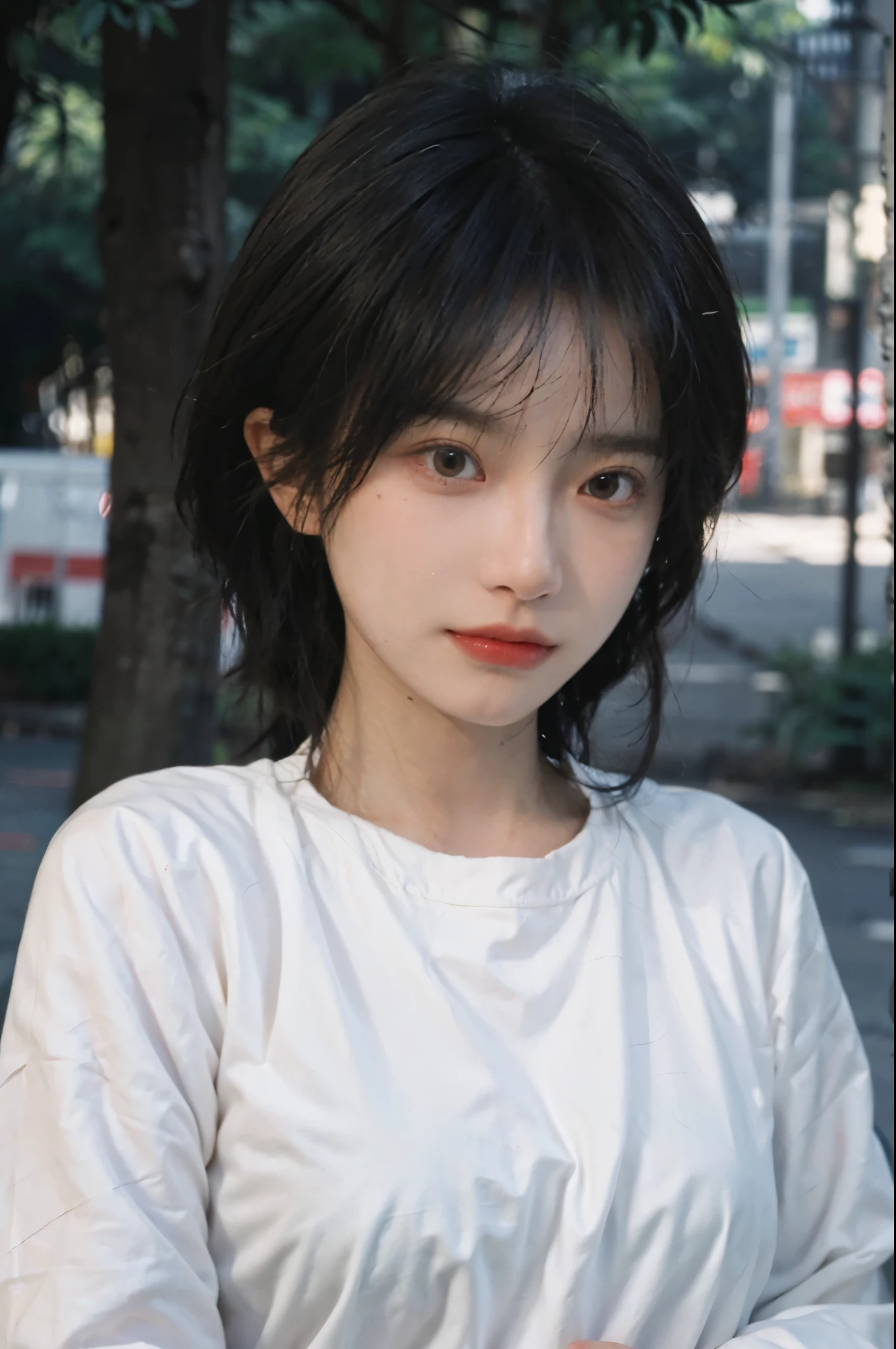 (Skin details:1.4), (smooth skin textures:1.3), Lipstick, background, earrings, Serene, calm, (Realistic and detailed eyes:1.2), (Large Breasts:1.3),Natural skin texture, Realistic facial details, Soft dramatic lighting, Vivid details, 35 mm film, outdoor, (Photo Practical:1.4), (hyper Practical:1.4), (Practical:1.3), (Smoother lighting:1.05), (Improve lighting quality:0.9), (Highest quality real skin textures:1.4), Exquisite eyes, Delicate face, Close-up of face, (Enhance the beauty of skin texture:1.1), Hair details, Model,normal body ratio, short hair, Moles under the eyes, Park background,Portrait Photography, Depth of Field, bokeh, Surrealism, Ray Tracing, (Portrait Photography:1.1), Surrealism, High Detail, clair obscur, Ray Tracing, reflected light, ultra HD, ultra HD, masterpiece, Textured Skin, Super Detail, High Detail, high quality, best quality