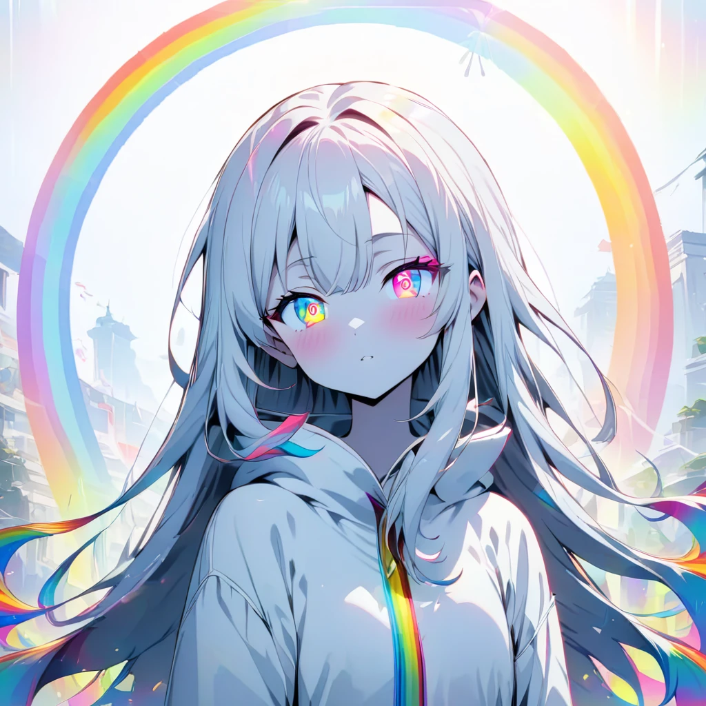 [(WHITE BACKGROUND:1.5)], ((masterpiece)), high quality, ((solo)), ((1 younger girl)), (white color long hair), (rainbow color eye), bright skin, white parka, upper body, ((anime style)), (clock rainbow effect:1.3),