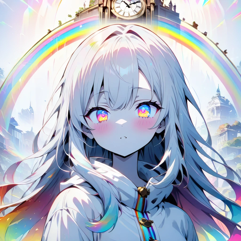 [(WHITE BACKGROUND:1.5)], ((masterpiece)), high quality, ((solo)), ((unger girl)), (white color long hair), (rainbow color eye), bright skin, white parka, upper body, ((anime style)), (clock rainbow effect:1.3),