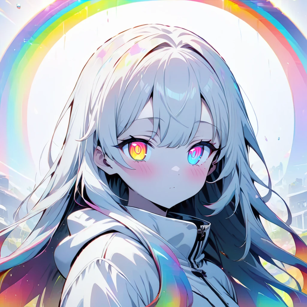 [(WHITE BACKGROUND:1.5)], ((masterpiece)), high quality, ((solo)), ((1 younger girl)), (white color long hair), (rainbow color eye), bright skin, white parka, upper body, ((anime style)), (clock rainbow effect:1.3),
