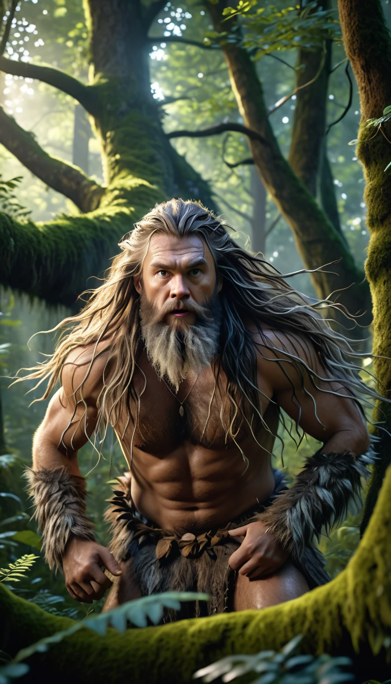 Front view,There is a wild man in the forest,Covered with long hair(best quality,4K,8K,High level,masterpiece:1.2),Ultra Detailed,(lifelike,Photo real,Photo real:1.37),Highly detailed animals,Complex patterns,Realistic lighting,Fantasy Creatures