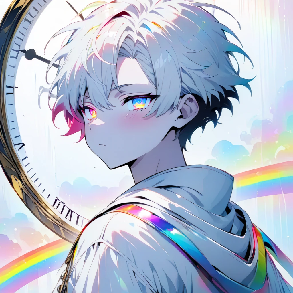[(WHITE BACKGROUND:1.5)], ((masterpiece)), high quality, ((solo)), ((1 younger boy)), (white color short hair), (rainbow color eye), bright skin, white parka, upper body, ((anime style)), (clock rainbow effect:1.3),