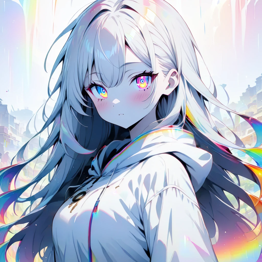 [(WHITE BACKGROUND:1.5)], ((masterpiece)), high quality, ((solo)), ((1 younger girl)), (white color long hair), (rainbow color eye), bright skin, white parka, upper body, ((anime style)), (clock rainbow effect:1.3),