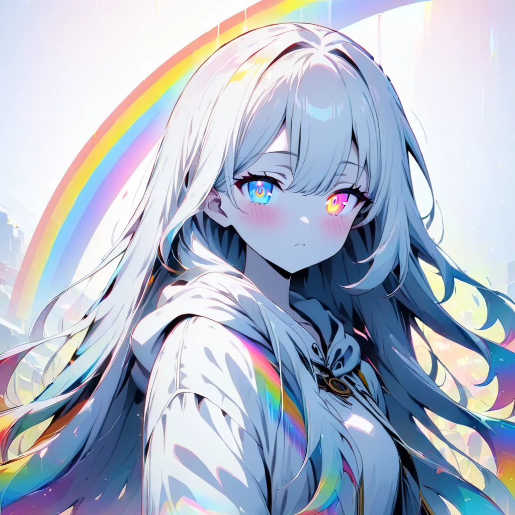 [(WHITE BACKGROUND:1.5)], ((masterpiece)), high quality, ((solo)), ((1 younger girl)), (white color long hair), (rainbow color eye), bright skin, white parka, upper body, ((anime style)), (clock rainbow effect:1.3),