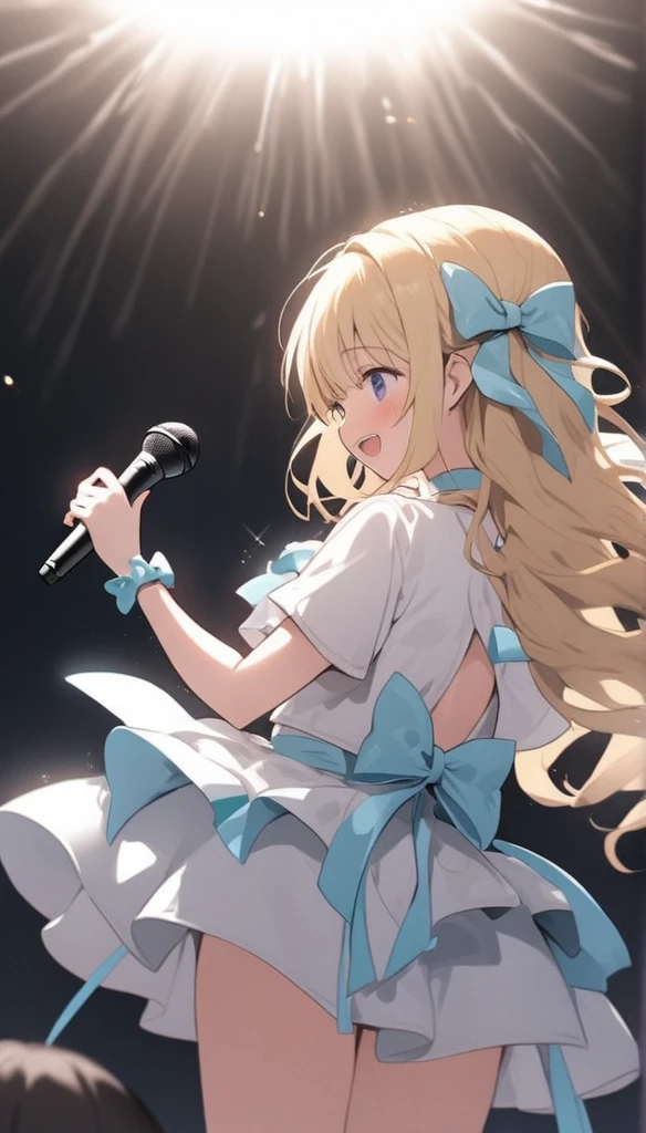 Chibi Character、、、blondes、Brat、Sing with a microphone、white idol costume,A back view of a singer singing to a large audience,Be showered with cheers,Pull angle,Full Shot