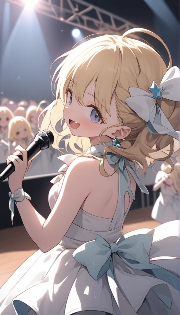 Chibi Character、、、blondes、Brat、Sing with a microphone、white idol costume,A back view of a singer singing to a large audience,Be showered with cheers,Pull angle,Full Shot