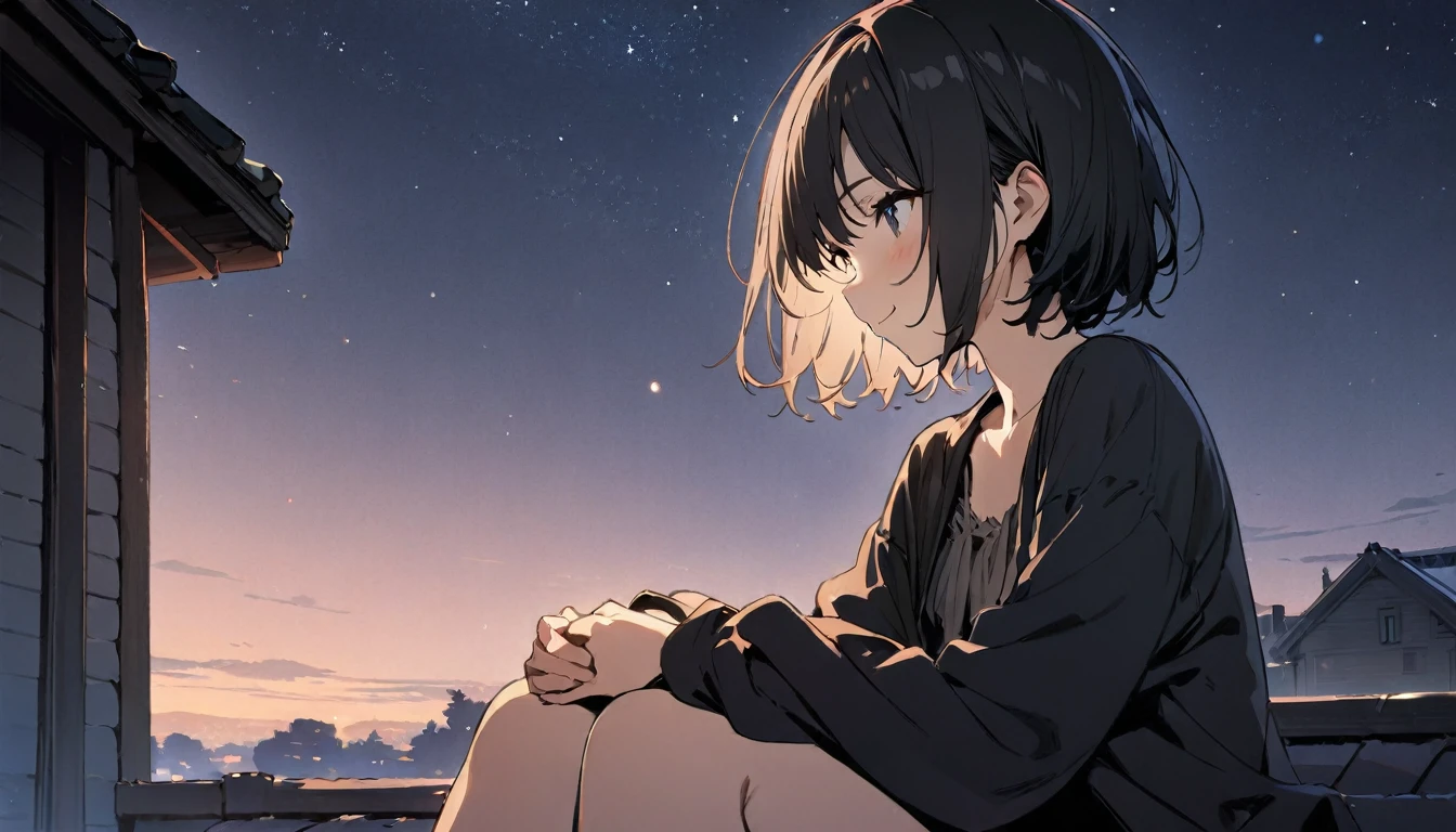 1girl, solo, gentle smile on her face flat chest, short hair, black hair, upper body, ((masterpiece, illustration, best quality)) ((best quality)), ((masterpiece)), (detailed), Girl sitting on the roof of a house, clasping your knees with your hands, and looks thoughtfully at the night sky, Star-studded. She's wearing a cozy sweater and her favorite cat socks.. Nearby there is a mug with still warm cocoa. The atmosphere is quiet and peaceful. The camera is located from bottom to top