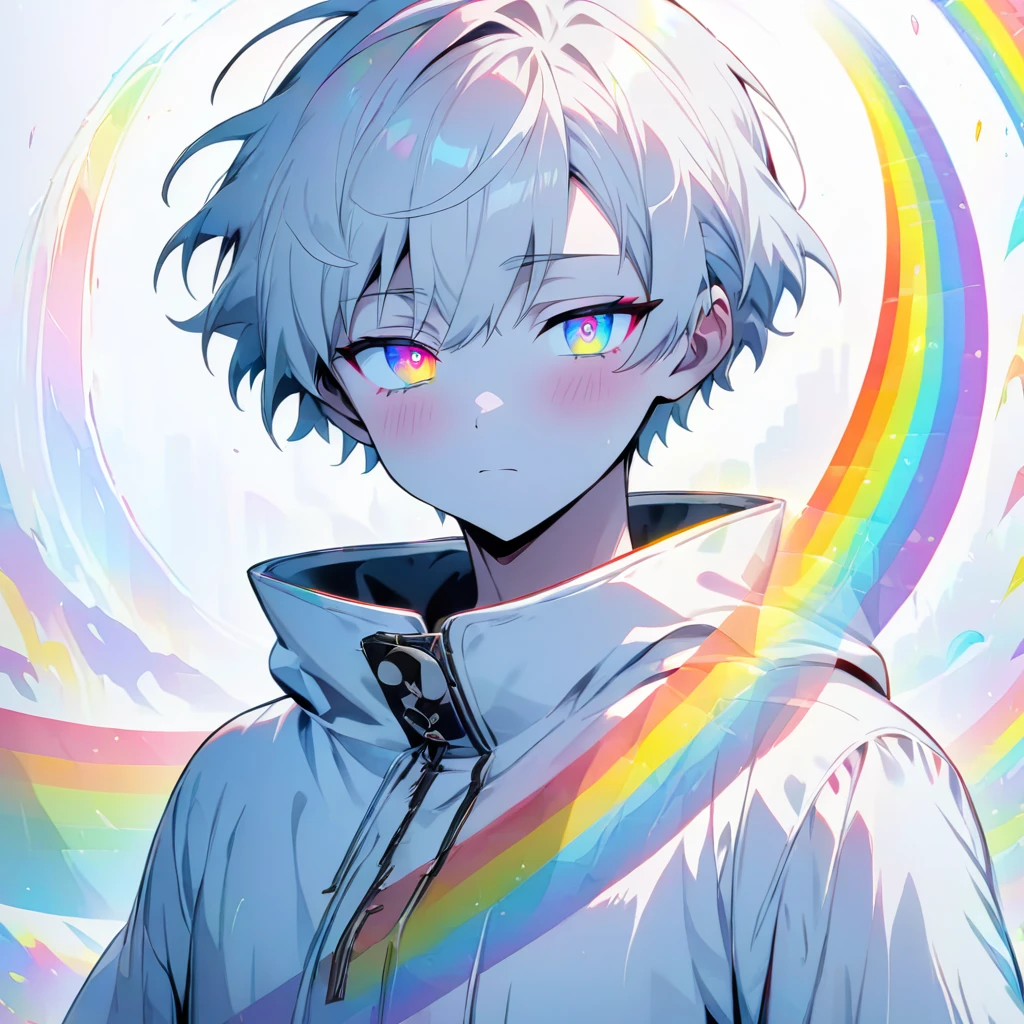 [(WHITE BACKGROUND:1.5)], ((masterpiece)), high quality, ((solo)), ((****unger boy)), (white color short hair), (rainbow color eye), bright skin, white parka, upper body, ((anime style)), (clock rainbow effect:1.3),