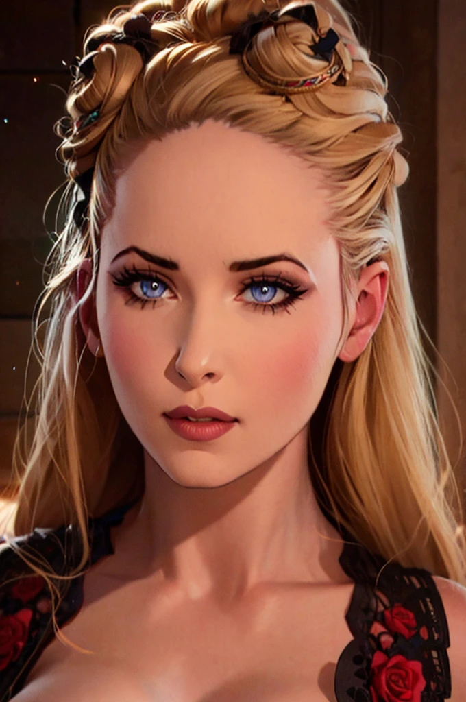 Francesca Findabair, 1girl, beautiful detailed eyes, beautiful detailed lips, extremely detailed eyes and face, long eyelashes, blonde hair in two buns, seductive, revealing clothing, NSFW, intricate details, cinematic lighting, dramatic shadows, hyper realistic, 8k, high quality, photorealistic, masterpiece, Chanta Rose, Model