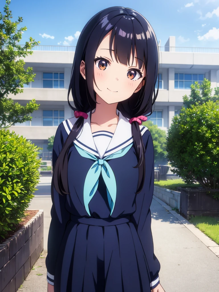1girl, standing, gentle smile, 15yo, head tilt,
school building on the back,
(low twintails girl), low pigtails, black hair, very long hair,
serafuku with blue ribbon, navy-blue collar,
(brown eye), 1 student bag on right shoulder,
afternoon, summer,
from front,
4-story white school building, outdoor, tree on side,
anime, high brightness, detailed face, detailed eyes,
high quality, ultra detailed, masterpiece, FHD