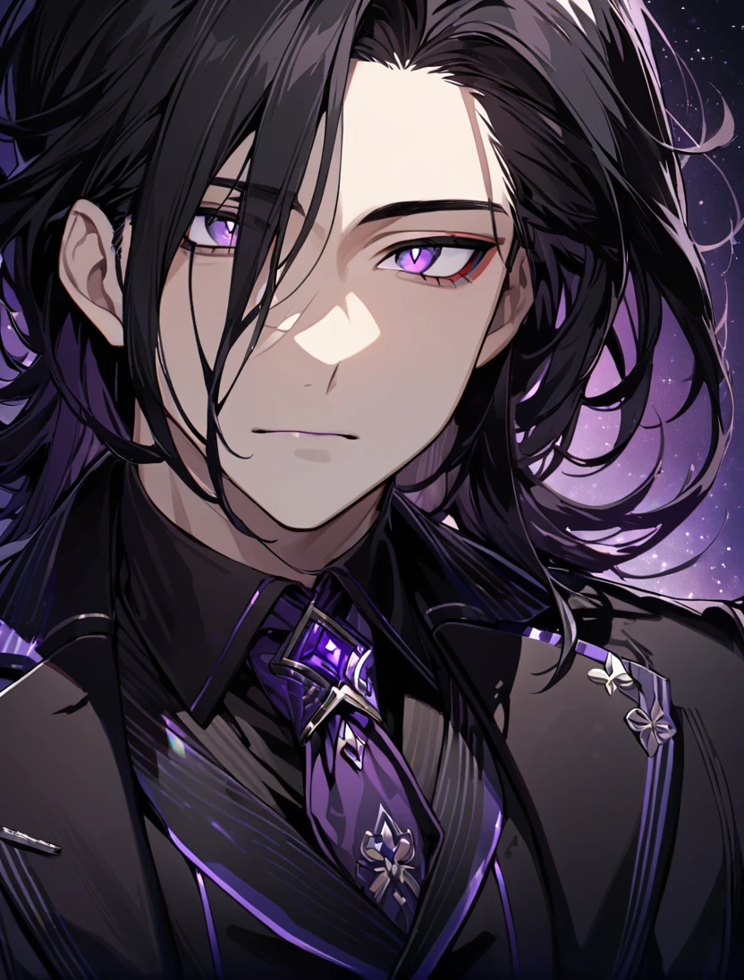 (black_hair), (long_male_hair), (deep_purple_eyes), (high_detailed_eyes), (attractive), (emotionless), (Deep_space_background), (male), (wearing _a_black_suit), (long_male_hair), (detailed_Hair), (detailed), (detailed_mouth), (close_up), (vertical_slit_pupils)