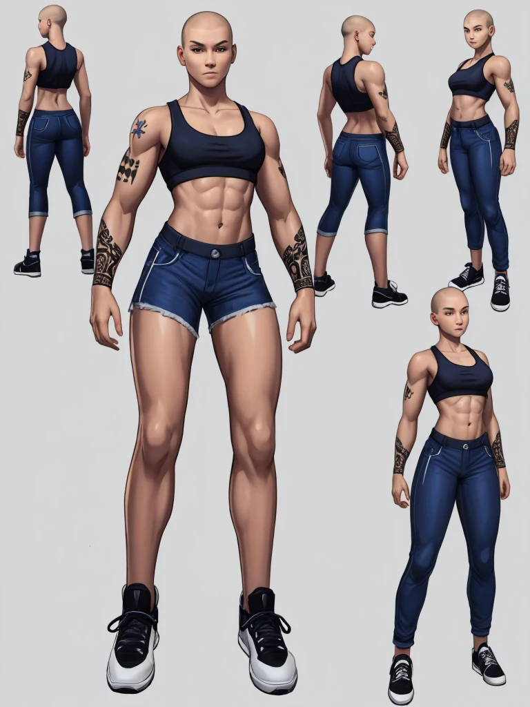 ((best quality)), ((4k)), ((highres)), ((masterpiece:1.2)). ((detailed)), ((ultra realistic)), ((intricate details)), ((full body picture)), ((character design sheet)), ((blank background)), ((standing in a blank background)), a full body shot of a bald female, bald woman, muscular woman, muscular arms, mucular legs, about 5'8 tall, about 25 years old, arm tattoos, ((arm tattoos)), dressed in a sports bra and blue jeans pants, midriff, six pack abs, sneakers, female gang member, character concept art, fighting game concept art, king of fighters character concept art, shaved head
