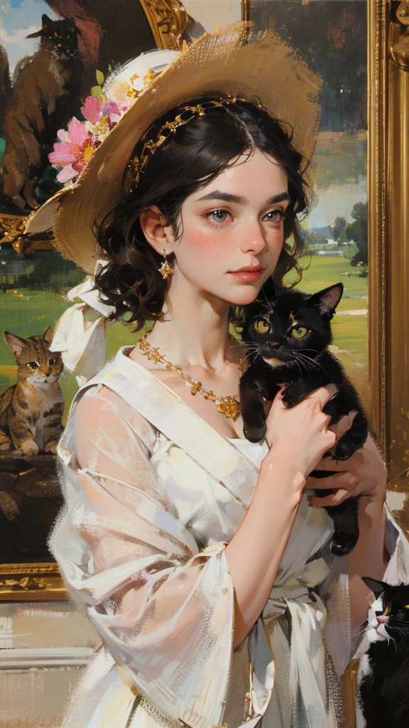 (masterpiece, best quality: 1.3), high resolution, official style, \(style\) 1820s, portrait location, beautiful portrait art, oil painting, (curly black hair, brown cat shaped eyes), white skin with freckles, beautiful pink flower hat, Beautiful period dress with floral embroidery and details. , ((beautiful diamond necklace)), elegant bearings, Beautiful landscape background of tulip garden,holding a cat