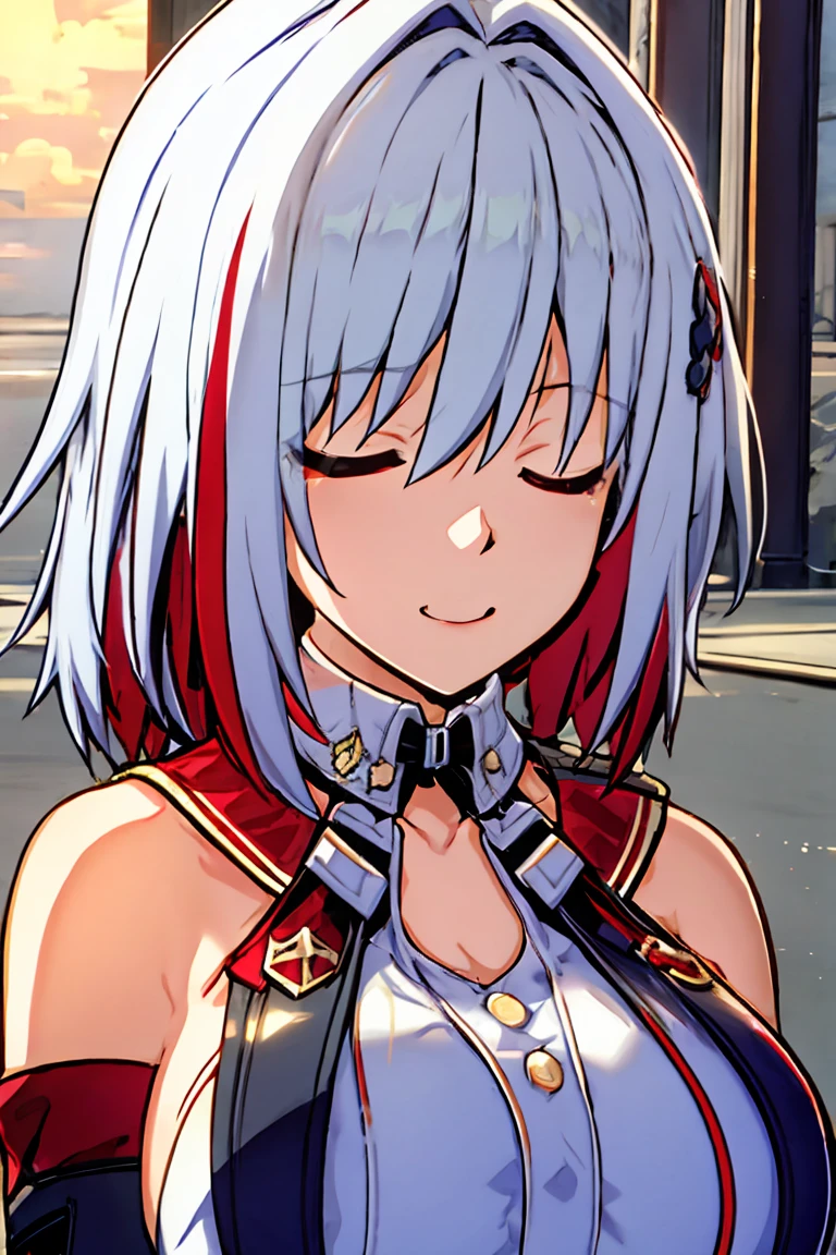 tuopa 1girl admiral graf spee \(azur lane\) bangs bracelet breasts closed eyes closed mouth cross detached sleeves dress eyebrows visible through hair hair between eyes hair ornament jewelry medium breasts multicolored hair necktie red hair short hair silver hair smile solo streaked hair upper body masterpiece