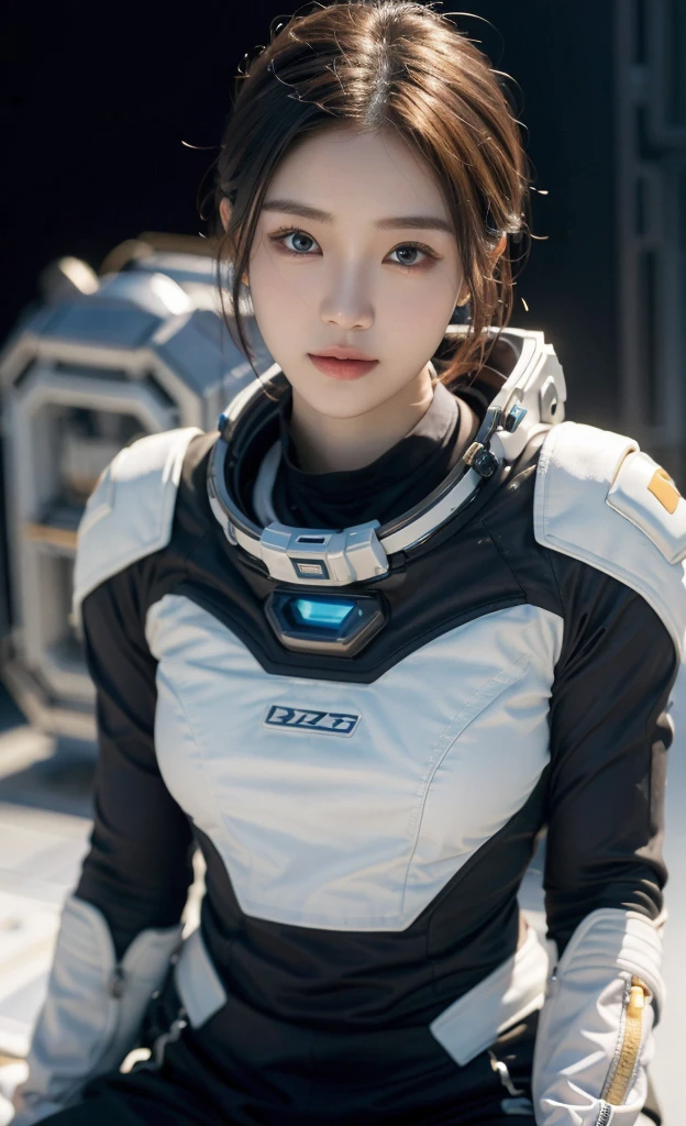 best quality、masterpiece、Ultra-high resolution、(real:1.4)、20 Years Old Beautiful Korean Woman1、Beautiful details of the eyes and skin、Light brown short hair、Little Smile、The perfect space suit、spaceship、remains、Space background