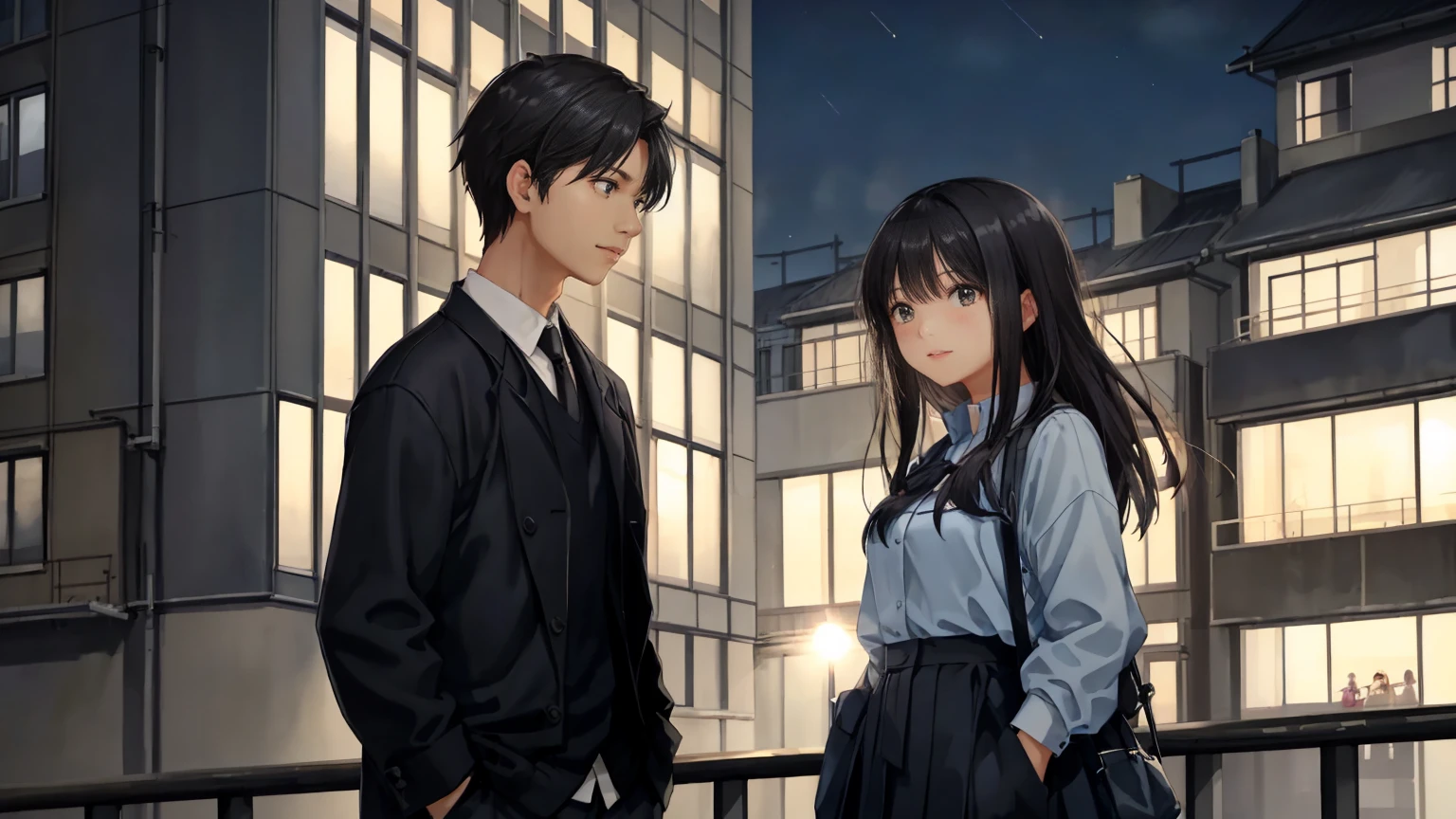 A cool breeze blows between the buildings in a summer night city background。The two figures are illuminated by the soft lights of the building, creating a fantastic atmosphere.2Shot shows a young man and a young woman standing facing forward。The woman is cute and relaxed as she looks up at the night sky.、She is wearing a cute casual shirt and skirt.、Her long black hair is blowing in the wind and she is holding it back with her hands。He has a short, neat hairstyle、Handsome man with a sweet smile、A young man has his hands in his pockets。