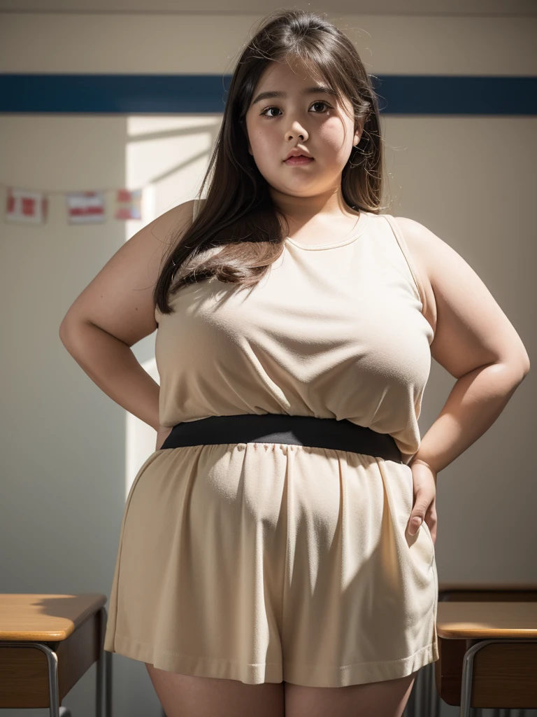 a 10 year old obese girl, chubby cheeks, round face, double chin, thick arms and legs, wearing a , standing in a school setting, realistic, detailed, highly detailed, intricate details, photorealistic, 8k, masterpiece, cinematic lighting, dramatic shadows, vibrant colors