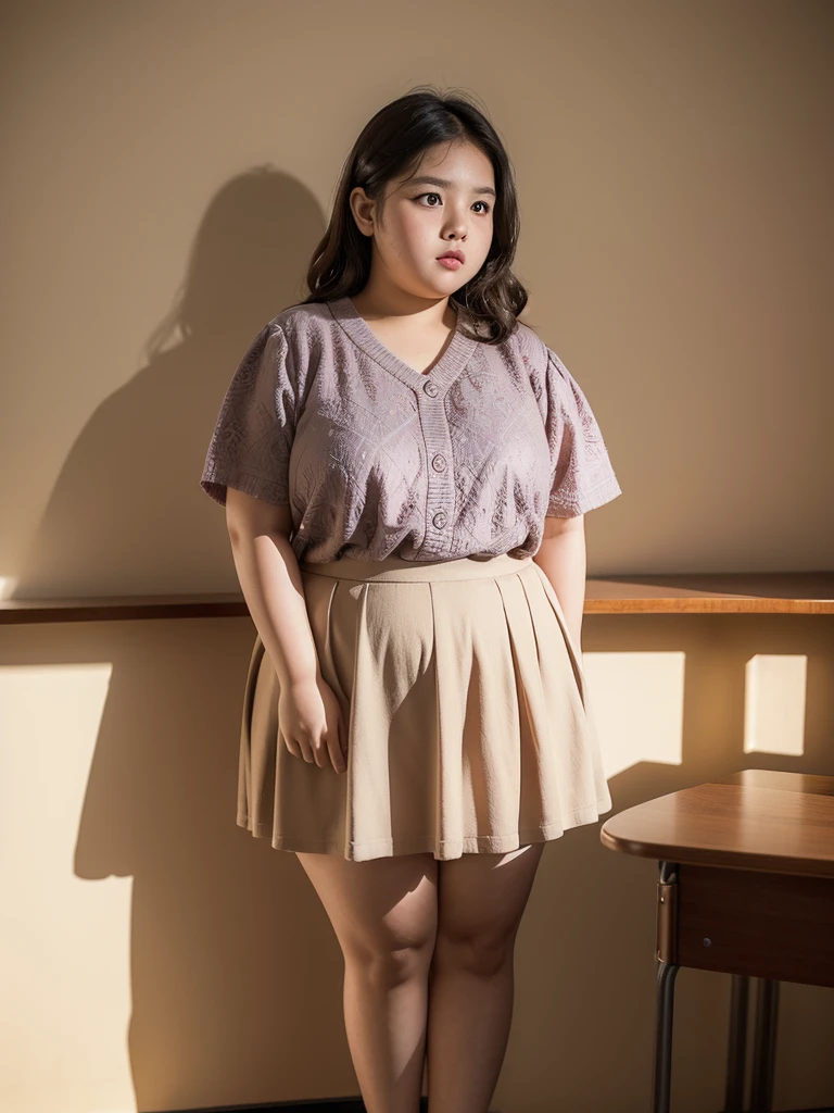 a obese girl, chubby cheeks, round face, double chin, thick arms and legs, wearing a , standing in a school setting, realistic, detailed, highly detailed, intricate details, photorealistic, 8k, masterpiece, cinematic lighting, dramatic shadows, vibrant colors