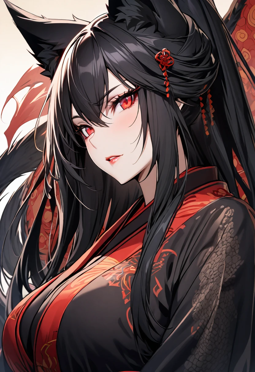 a beautiful black kitsune, detailed intricate portrait, 1girl, long black hair, slim waist, big breasts, long black tail, mature woman, Detailed red eyes, With a red and black dragon style kimono