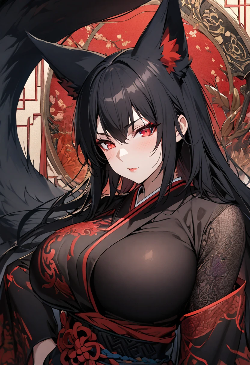 a beautiful black kitsune, detailed intricate portrait, 1girl, long black hair, slim waist, big breasts, long black tail, mature woman, Detailed red eyes, With a red and black dragon style kimono