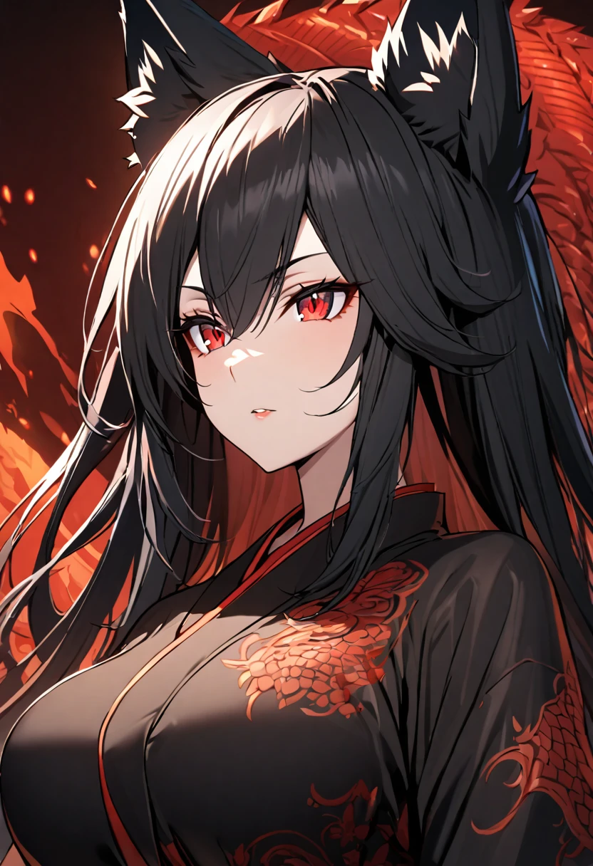 a beautiful black kitsune, detailed intricate portrait, 1girl, long black hair, slim waist, big breasts, long black tail, mature woman, Detailed red eyes, With a red and black dragon style kimono