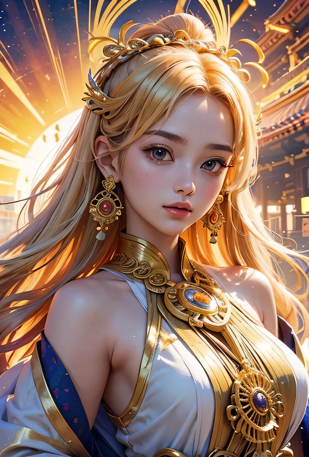 "Child of the Sun, Goddess of Love": Within a sacred sanctuary bathed in sunlight, depict the figure of a sun goddess who governs love, facing forward and emanating divine radiance. She is a , around 3 years old. Zoom in to focus on her face, with a gleaming orb of light in her hands, representing the life-giving power of the sun. Her hair is shimmering gold, and she is wearing a traditional miko outfit as seen in Japanese shrines. The background should be predominantly gold, evoking a sense of divine splendor, with numerous heart-themed objects expressing the beauty of love. The setting is in heaven, enveloped in soft, bright light, where one can find tranquility and peace of mind, free from any trace of anxiety.Straight-on.
