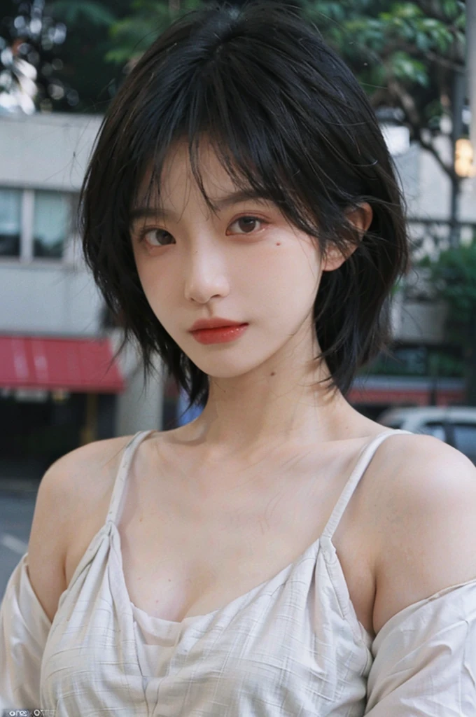 (Skin details:1.4), (smooth skin textures:1.3), Lipstick, background, earrings, Serene, calm, (Realistic and detailed eyes：1.2）, (Large Breasts:1.3),Natural skin texture, Realistic facial details, Soft dramatic lighting, Vivid details, 35 mm film, outdoor, (Photo Practical:1.4), (hyper Practical:1.4), (Practical:1.3), (Smoother lighting:1.05), (Improve lighting quality:0.9), (Highest quality real skin textures:1.4), Exquisite eyes, Delicate face, Close-up of face, (Enhance the beauty of skin texture:1.1), Hair details,  Model，normal body ratio, short hair, Moles under the eyes, Park background，Portrait Photography, Depth of Field, bokeh, Surrealism, Ray Tracing, (Portrait Photography:1.1), Surrealism, High Detail, clair obscur, Ray Tracing, reflected light, ultra HD, ultra HD, masterpiece, Textured Skin, Super Detail, High Detail, high quality, best quality