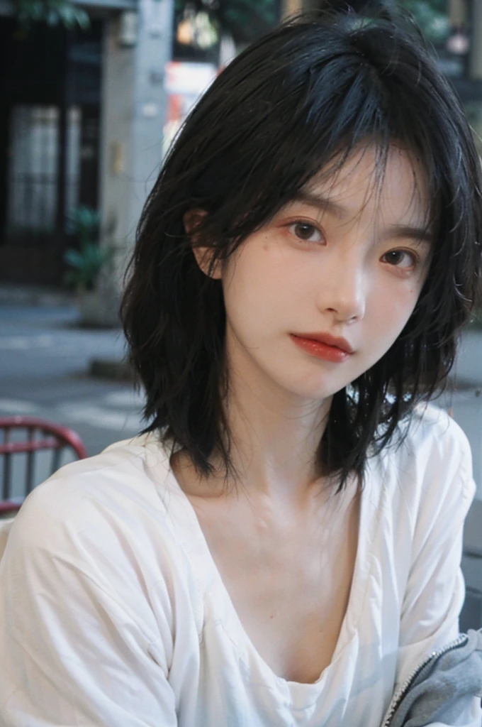 (Skin details:1.4), (smooth skin textures:1.3), Lipstick, background, earrings, Serene, calm, (Realistic and detailed eyes:1.2), (Large Breasts:1.3),Natural skin texture, Realistic facial details, Soft dramatic lighting, Vivid details, 35 mm film, outdoor, (Photo Practical:1.4), (hyper Practical:1.4), (Practical:1.3), (Smoother lighting:1.05), (Improve lighting quality:0.9), (Highest quality real skin textures:1.4), Exquisite eyes, Delicate face, Close-up of face, (Enhance the beauty of skin texture:1.1), Hair details, Model,normal body ratio, short hair, Moles under the eyes, Park background,Portrait Photography, Depth of Field, bokeh, Surrealism, Ray Tracing, (Portrait Photography:1.1), Surrealism, High Detail, clair obscur, Ray Tracing, reflected light, ultra HD, ultra HD, masterpiece, Textured Skin, Super Detail, High Detail, high quality, best quality